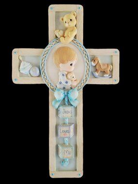 VTG Enesco Precious Moments Wall Cross Jesus Loves Me Praying Boy Ceramic 1999